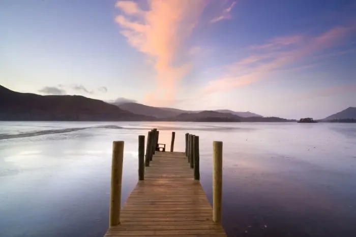 Framed Print : Jetty and Derwentwater at sunset, near Keswick, Lake District National Park Framed Print : Jetty and Derwentwater at sunset, near Keswick, Lake District National Park