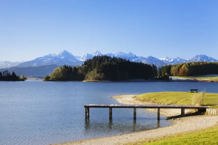 Framed Print : Jetty at Forggensee Lake and Allgau Alps, Fussen, Ostallgau, Allgau, Allgau Alps, Bavaria, Germany, Europe Framed Print : Jetty at Forggensee Lake and Allgau Alps, Fussen, Ostallgau, Allgau, Allgau Alps, Bavaria, Germany, Europe