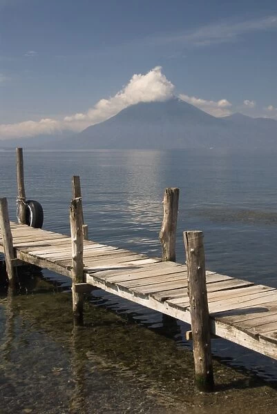 A jetty in Panajachel, San Pedro Volcano in the background, Lake Atitlan