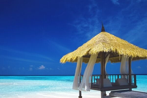 Jetty with straw roof, Maldives, Indian Ocean, Asia