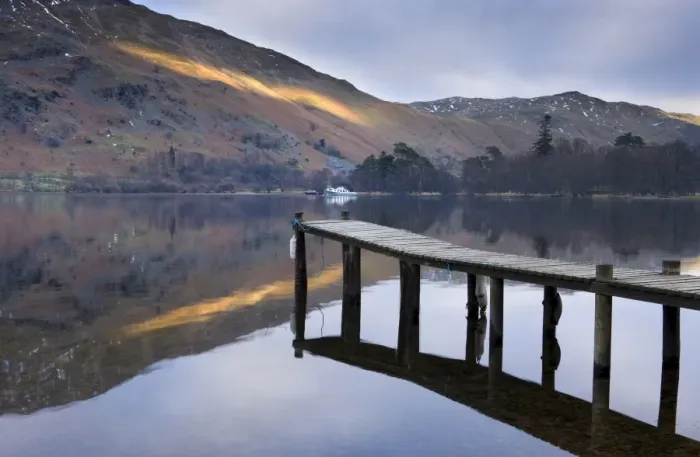 Framed Print : Jetty on Ullswater at dusk, Glenridding Village, Lake District National Park