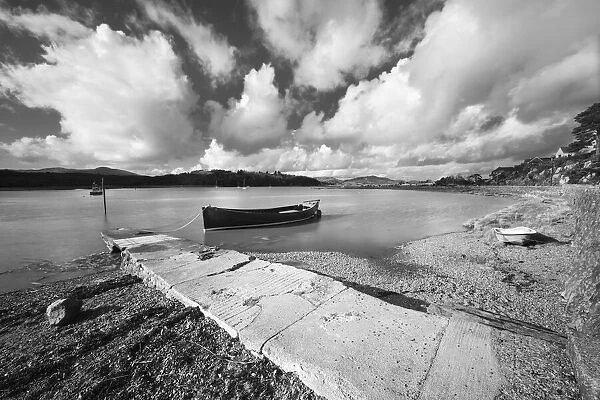 Jetty on Urr Water with boat, Kippford, Dalbeattie, Dumfries and Galloway, Scotland, United Kingdom, Europe