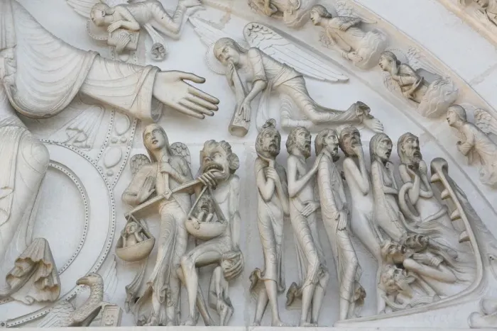Framed Print : Detail of the Last Judgment depicted on the tympanum of the Vezelay Basilica Framed Print : Detail of the Last Judgment depicted on the tympanum of the Vezelay Basilica