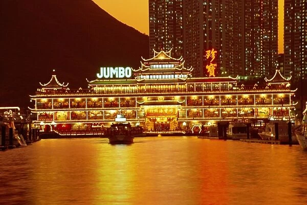Jumbo floating restaurant illuminated at night, Aberdeen Harbour, Hong Kong