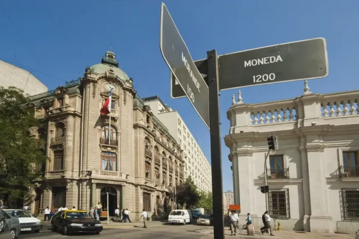 Framed Print : Junction of Morande and Moneda Streets at the Plaza de La Constitucion by the presidential palace Framed Print : Junction of Morande and Moneda Streets at the Plaza de La Constitucion by the presidential palace