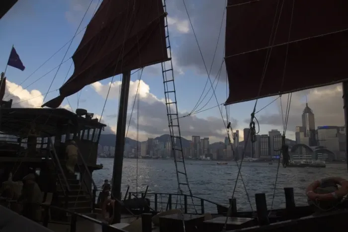 Framed Print : Junk sailing on Victoria Harbour, Hong Kong, China, Asia Framed Print : Junk sailing on Victoria Harbour, Hong Kong, China, Asia