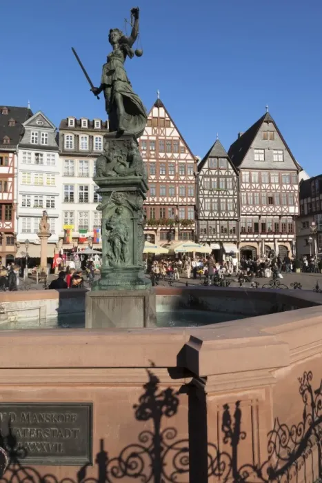 Framed Print : Justitia Fountain at Roemerberg square, Frankfurt, Hesse, Germany, Europe