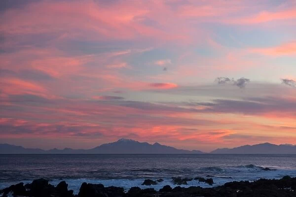 Kaikoura Ranges in South Island at sunset from Wellington, North Island, New Zealand, Pacific