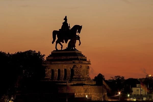 Kaiser Wilhelm I statue at sunset on Deutsches Eck, Koblenz, Rhineland-Palatinate, Germany, Europe