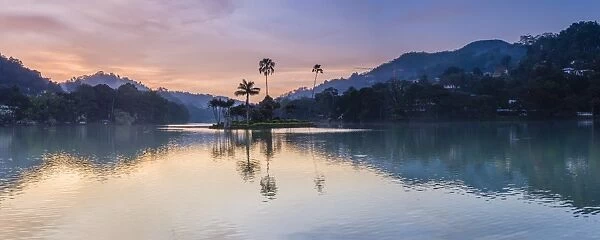 Kandy Lake and the island at sunrise, Kandy, Central Province, Sri Lanka, Asia
