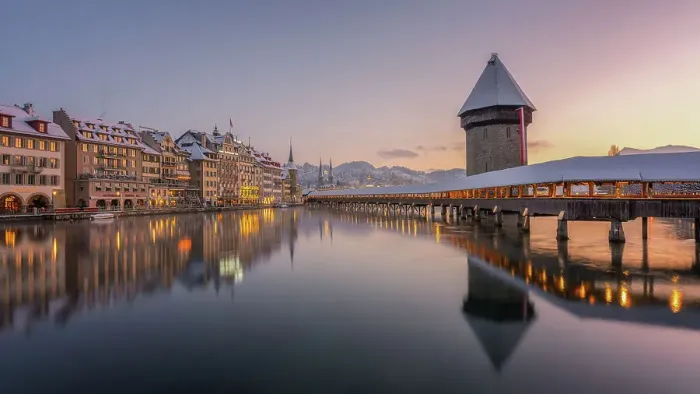 Framed Print : Kapellbrucke (Chapel Bridge) at sunrise in winter, wooden footbridge, Lucerne, Switzerland, Europe Framed Print : Kapellbrucke (Chapel Bridge) at sunrise in winter, wooden footbridge, Lucerne, Switzerland, Europe