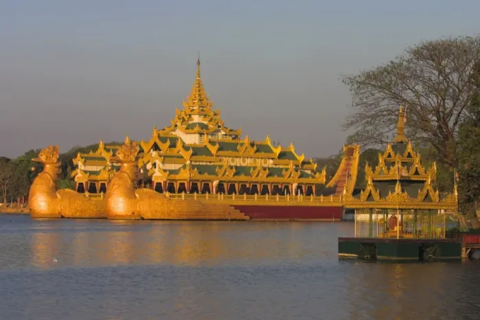 Framed Print : The Karaweik, a concrete replica of the royal barge, Kandawgyi Lake, Yangon