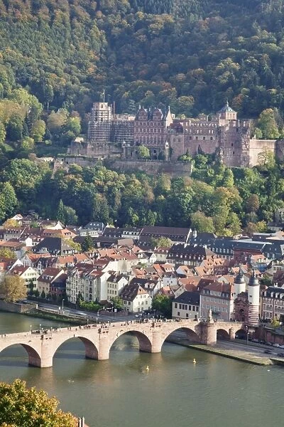 Karl Theodor Bridge with Stadttor gate, castle and Heilig Geist Church, Heidelberg, Baden Wurttemberg, Germany, Europe