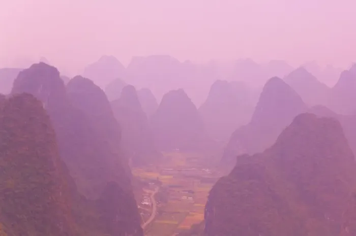 Framed Print : Karst landscape and haze, Yangshuo, Guangxi Province, China, Asia Framed Print : Karst landscape and haze, Yangshuo, Guangxi Province, China, Asia