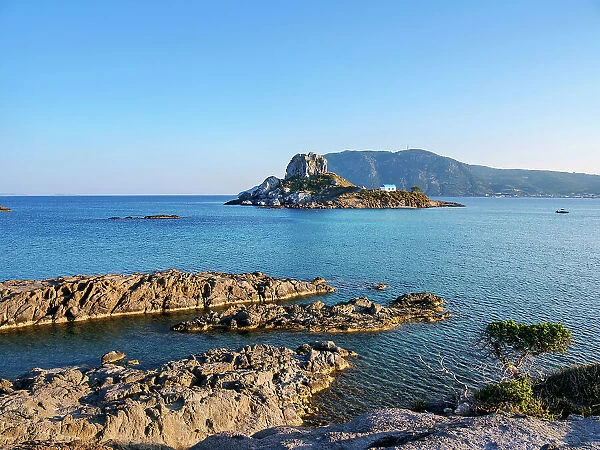Kastri Island seen from Agios Stefanos Beach, Kamari Bay, Kos Island, Dodecanese, Greek Islands, Greece, Europe