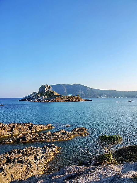 Kastri Island seen from Agios Stefanos Beach, Kamari Bay, Kos Island, Dodecanese, Greek Islands, Greece, Europe