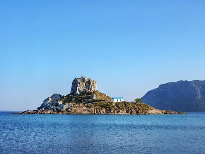 Framed Print : Kastri Island seen from Agios Stefanos Beach, Kamari Bay, Kos Island, Dodecanese, Greek Islands, Greece, Europe