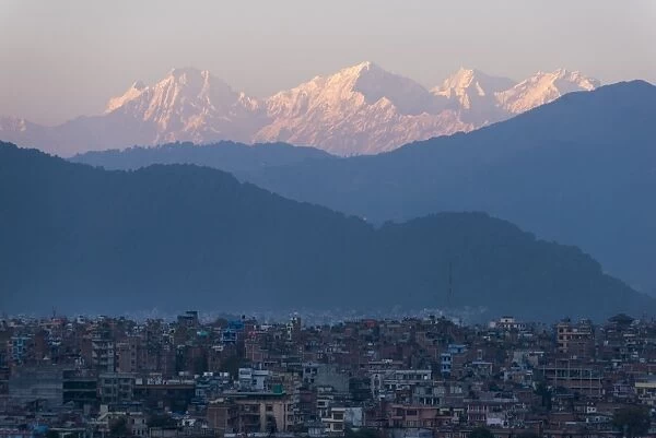 Kathmandu and Ganesh Himal range seen from Sanepa, Nepal, Himalayas, Asia