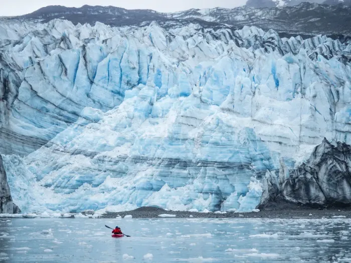 Framed Print : A kayaker paddling in front of Lamplugh Glacier, Glacier Bay National Park and Preserve Framed Print : A kayaker paddling in front of Lamplugh Glacier, Glacier Bay National Park and Preserve
