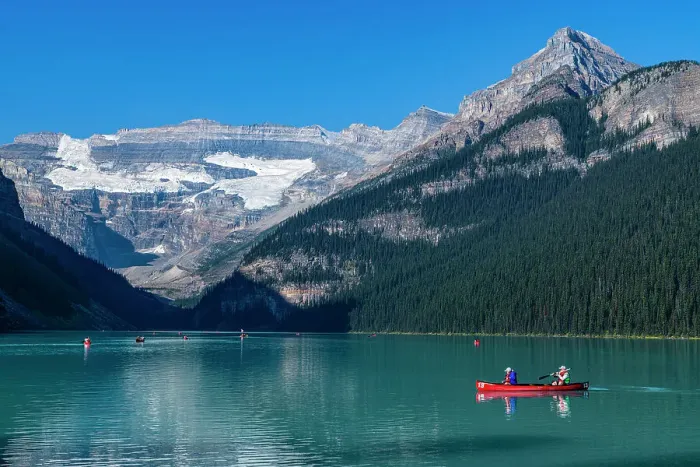 Framed Print : Kayakers on Lake Louise, Banff National Park, UNESCO World Heritage Site, Alberta, Rocky Mountains, Canada, North America Framed Print : Kayakers on Lake Louise, Banff National Park, UNESCO World Heritage Site, Alberta, Rocky Mountains, Canada, North America