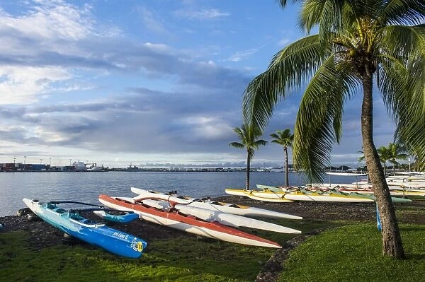 Many kayaks on the beach of Papeete, Tahiti, Society Islands, French Polynesia, Pacific