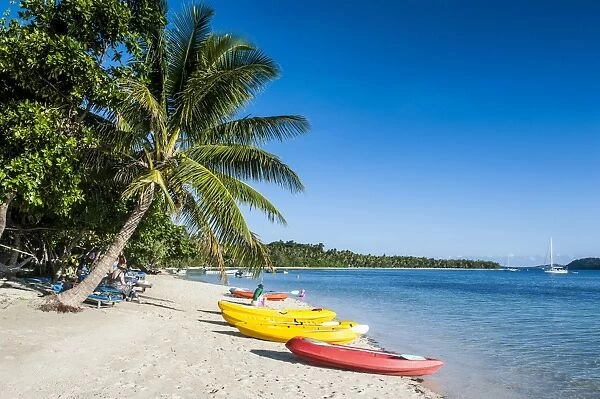 Kayaks on the white sand beach of Nanuya Lailai island, the blue lagoon, Yasawas, Fiji, South Pacific, Pacific