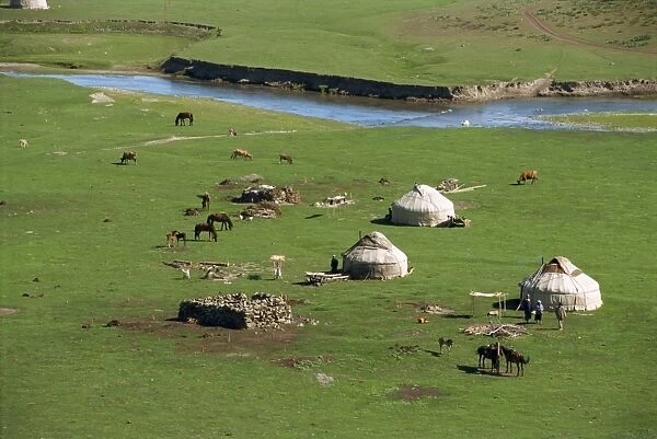 Kazak yurts in the summer in the Altay mountains, NE Xinjiang, China, Asia