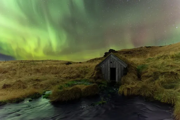Framed Print : Keldur old mill turf house and hills lit by Northern Lights (Aurora Borealis), Rangarvellir, Sudurland, South Iceland, Iceland, Polar Regions Framed Print : Keldur old mill turf house and hills lit by Northern Lights (Aurora Borealis), Rangarvellir, Sudurland, South Iceland, Iceland, Polar Regions
