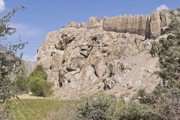 Khakha fortress in mountainous landscape, Wakhan Valley, The Pamirs, Tajikistan