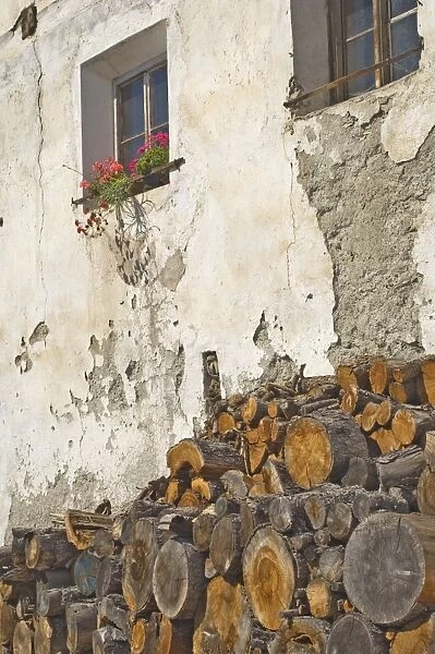 Kindling and geraniums against an old wall