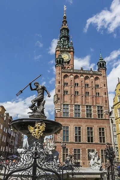 King Neptune Statue in The Long Market, Dlugi Targ, with town hall clock, Gdansk, Poland, Europe