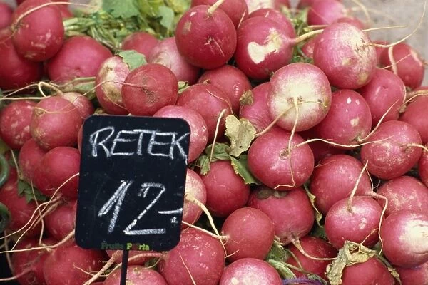 King size radishes for sale in a market in Pecs