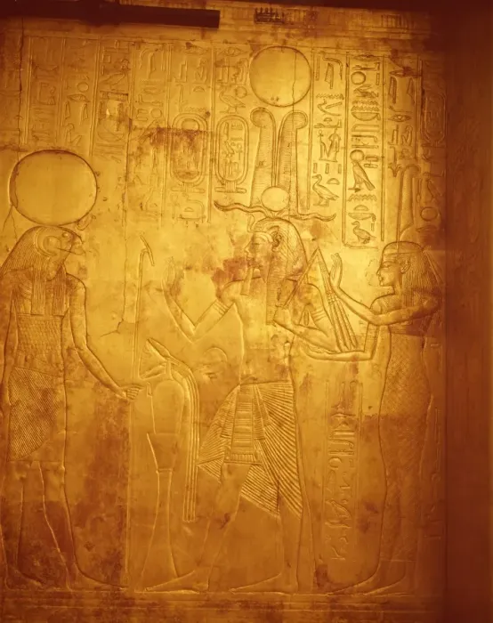 Framed Print : Detail of the king wearing Osiris crown with gods Reherakte and Maat on shrine of Tutankhamun Framed Print : Detail of the king wearing Osiris crown with gods Reherakte and Maat on shrine of Tutankhamun