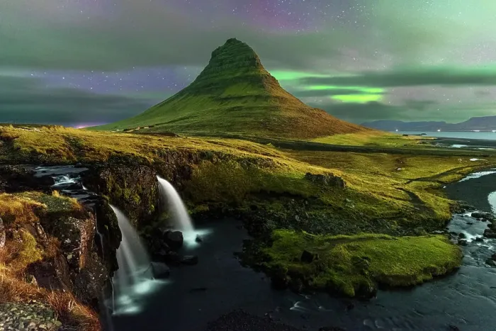 Framed Print : Kirkjufell mountain and Kirkjufellfoss waterfall with faded Northern Lights (Aurora Borealis) behind clouds, Snaefellsnes Peninsula, Western Iceland, Iceland, Polar Regions Framed Print : Kirkjufell mountain and Kirkjufellfoss waterfall with faded Northern Lights (Aurora Borealis) behind clouds, Snaefellsnes Peninsula, Western Iceland, Iceland, Polar Regions
