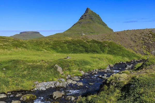 Kirkjufell Mountain, river, lush grass, Grundarfjordur, blue sky, good weather, Summer