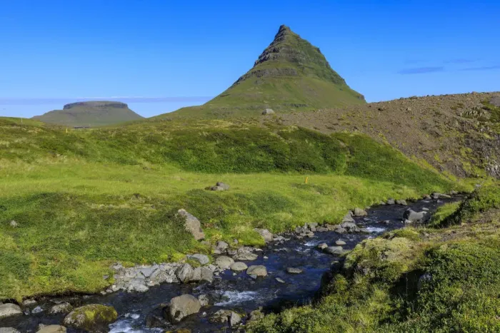 Framed Print : Kirkjufell Mountain, river, lush grass, Grundarfjordur, blue sky, good weather, Summer Framed Print : Kirkjufell Mountain, river, lush grass, Grundarfjordur, blue sky, good weather, Summer