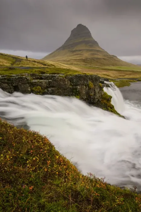 Framed Print : Kirkjufellsfoss in autumn with hiker to show scale, Iceland, Polar Regions Framed Print : Kirkjufellsfoss in autumn with hiker to show scale, Iceland, Polar Regions