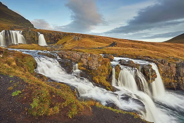 Kirkjufellsfoss Falls, near the port of Grundarfjordur, Snaefellsnes peninsula, western Iceland, Polar Regions