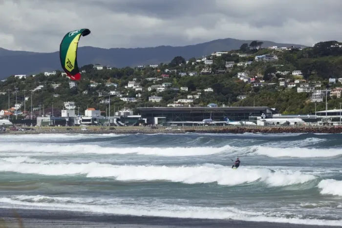 Framed Print : Kite surfer with airport in background, Lyall Bay, Wellington, North Island, New Zealand, Pacific Framed Print : Kite surfer with airport in background, Lyall Bay, Wellington, North Island, New Zealand, Pacific