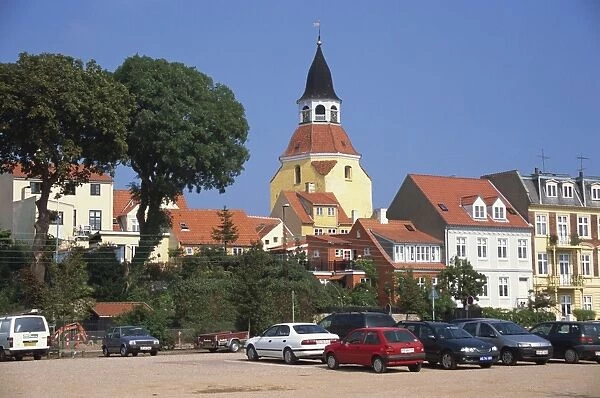 Klokketarnet of medieval church rises above town, Faaborg, Funen, Denmark