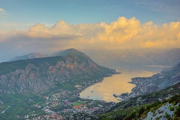 Kotor town in foreground, Bay of Kotor, UNESCO World Heritage Site, Montenegro, Europe