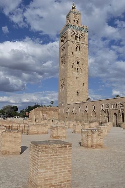 The Koutoubia minaret in the heart of the old medina next to a mosque of the same name