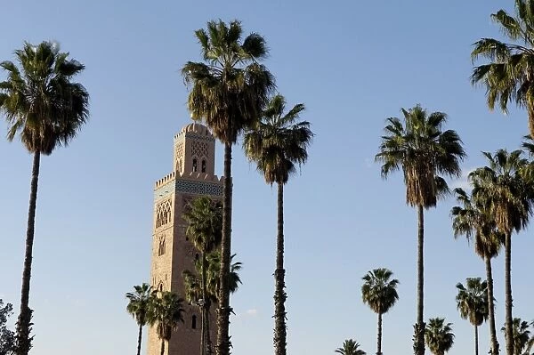 The Koutoubia minaret in the heart of the old medina next to a mosque of the same name
