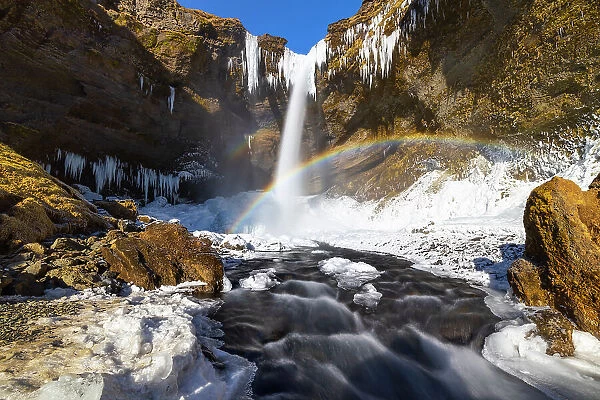 Kvernufoss waterfall with rainbow, Skogar, Sudurland, Iceland, Polar Regions