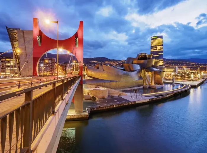 Framed Print : La Salve Bridge and The Guggenheim Museum at dusk, Bilbao, Biscay, Basque Country, Spain