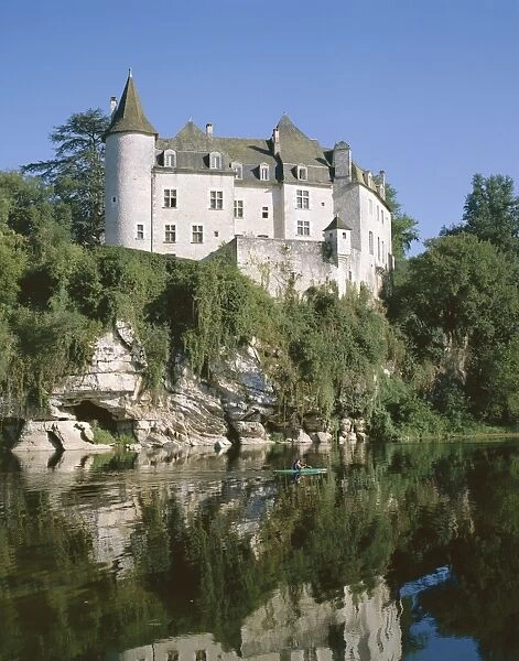 La Treyne Chateau, reflected in the water of the River Dordogne, Aquitaine