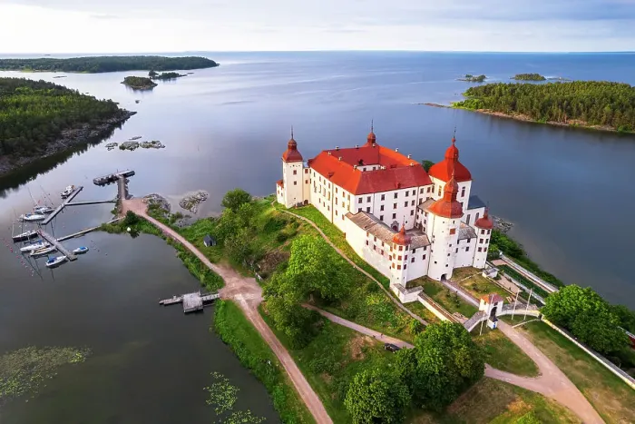 Framed Print : Lacko Castle at sunset, aerial view, Kallandso island, Vanern lake, Vastra Gotaland, Sweden, Scandinavia, Europe Framed Print : Lacko Castle at sunset, aerial view, Kallandso island, Vanern lake, Vastra Gotaland, Sweden, Scandinavia, Europe