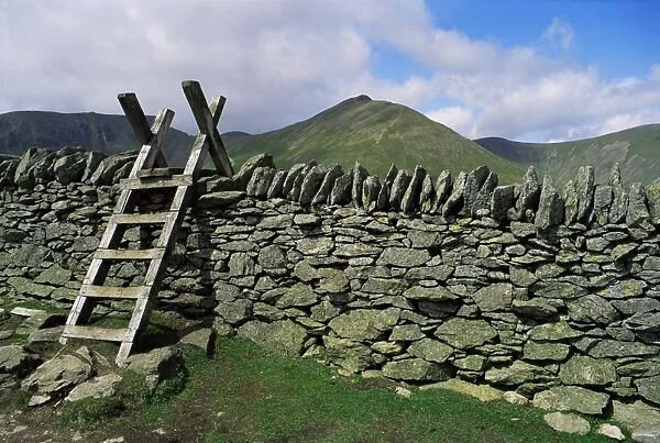 Ladder stile over dry stone wall, Cumbria, England, United Kingdom, Europe