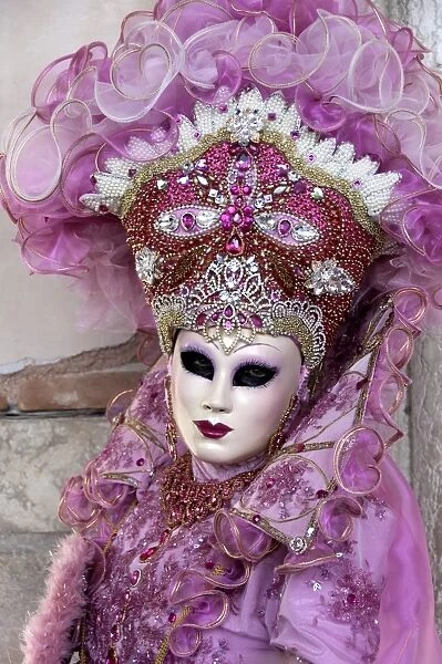 Lady in a pink dress and bejewelled hat, Venice Carnival, Venice, Veneto, Italy, Europe