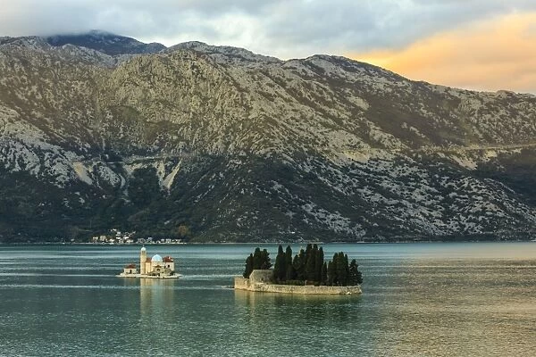 Our Lady of the Rocks and St. Georges Islands, sunset, near Perast, Bay of Kotor